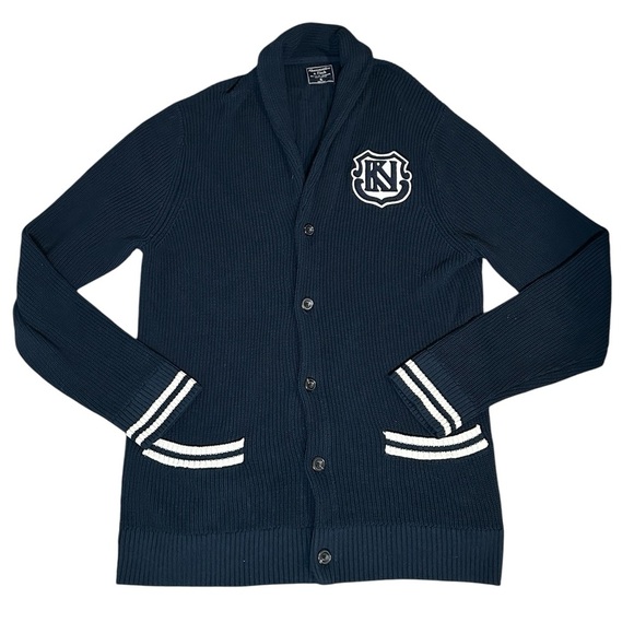 A112 Abercrombie & Fitch XL Shawl Collar Varsity Cardigan Navy Preppy Academia - Picture 1 of 8